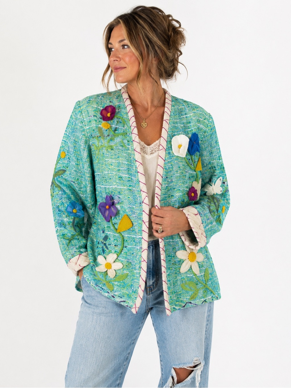 Vintage Crystal Tweed 3D Floral Appliqué Jacket Size XL Artsy Boho Whimsical